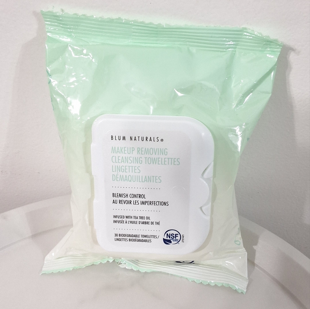 Blum Naturals Makeup Removing Cleansing Towelettes, Blemish Control, 30 Count